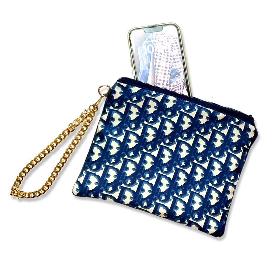 Vintage Dior Scarf Wristlet Bag Trotter Blue & White Vintage Silk Scarf Wristlet Bag at Vintage Luxe Up