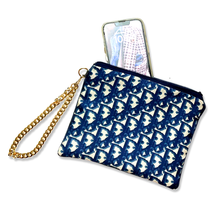 Vintage Dior Scarf Wristlet Bag Trotter Blue & White Vintage Silk Scarf Wristlet Bag at Vintage Luxe Up