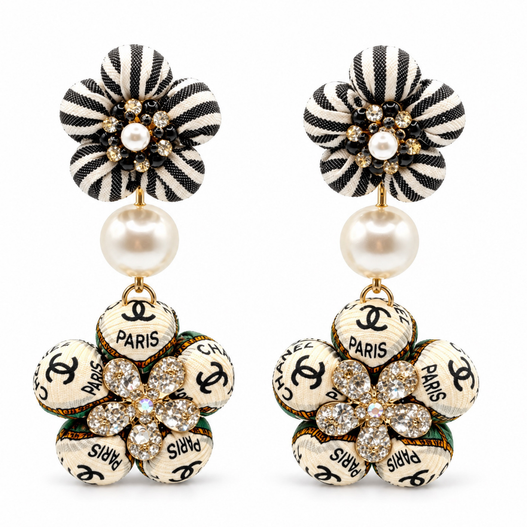 CC Shield Vintage Silk Necktie Chandelier Earrings