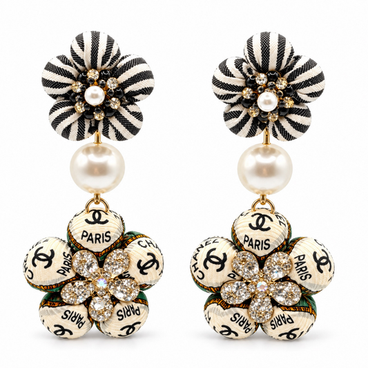 CC Shield Vintage Silk Necktie Chandelier Earrings