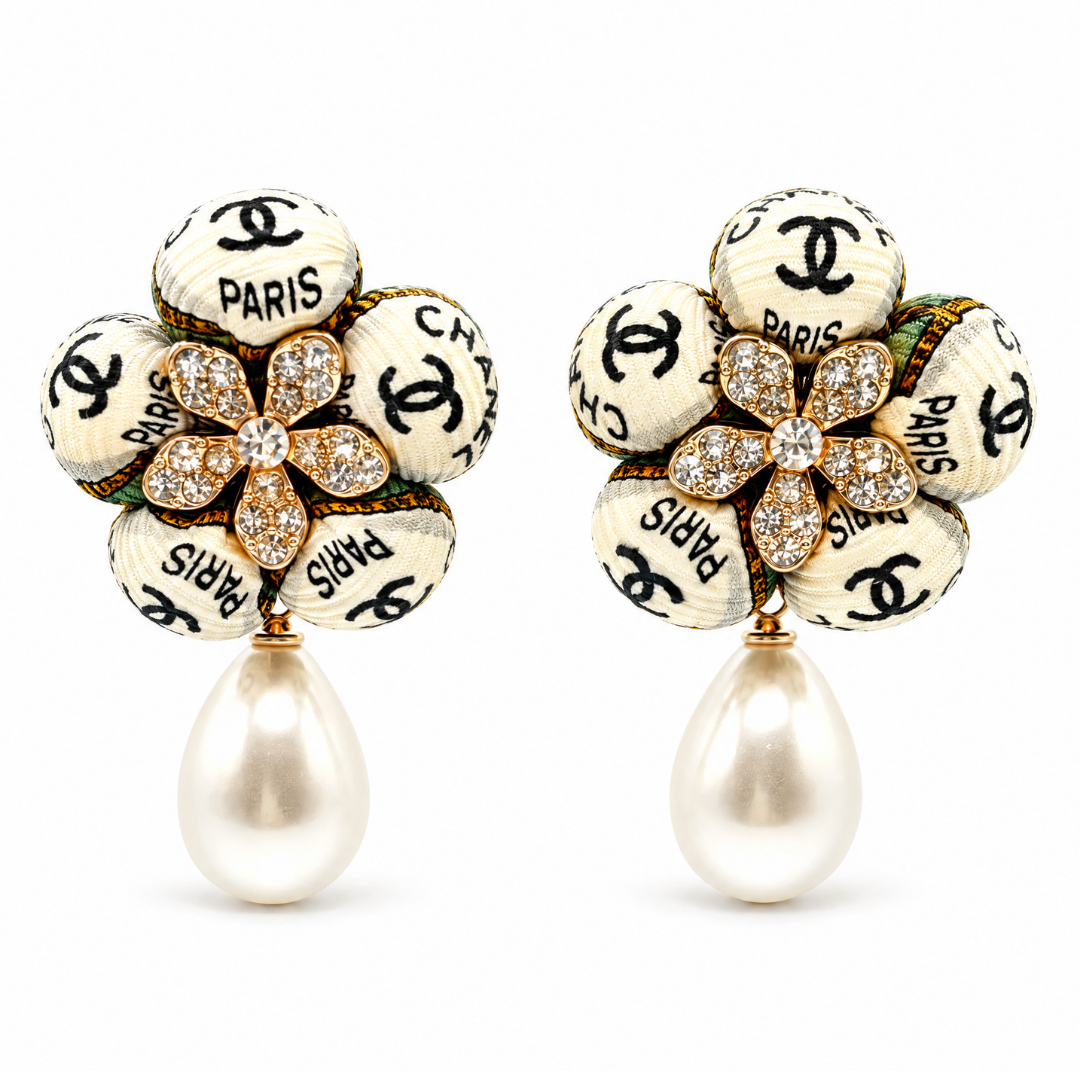 CC Shield Vintage Silk Necktie Drop Earrings