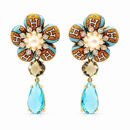H Strap Blue Vintage Silk Necktie Drop Earrings