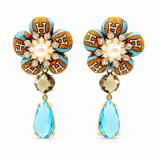 H Strap Blue Vintage Silk Necktie Drop Earrings