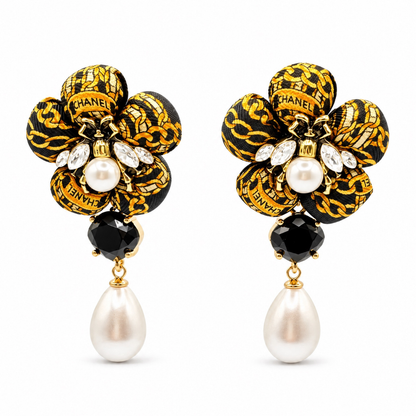 Chain Print Bumblebee Vintage Silk Necktie Drop Earrings