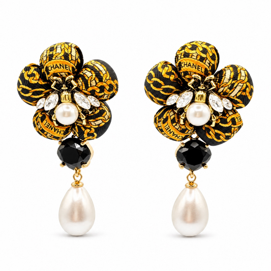 Chain Print Bumblebee Vintage Silk Necktie Drop Earrings