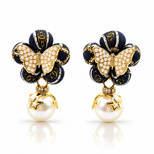 CC Belt & Chain Butterfly Vintage Silk Necktie Drop Earrings