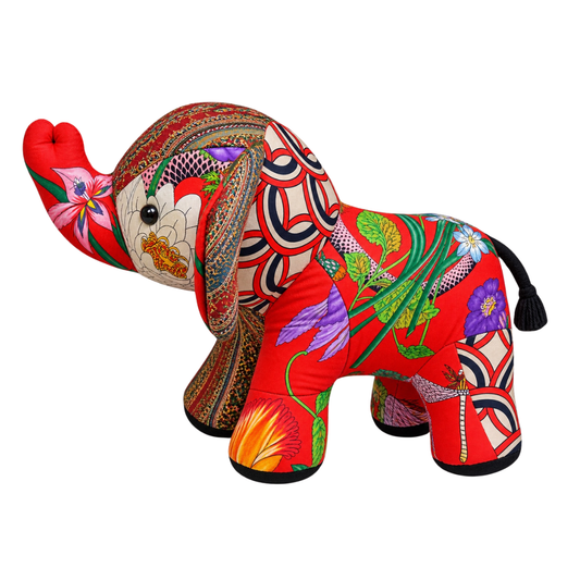 Red Floral Vintage Silk Scarf Lucky Elephant