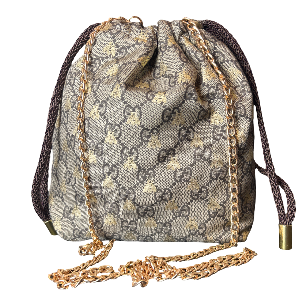 Gucci GG Logo Bees Vintage Silk Scarf Drawstring Crossbody Bag
