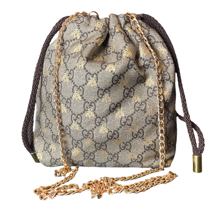 Gucci GG Logo Bees Vintage Silk Scarf Drawstring Crossbody Bag
