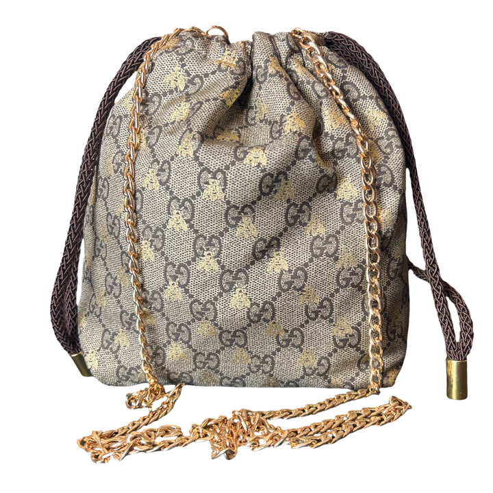Gucci GG Logo Bees Vintage Silk Scarf Drawstring Crossbody Bag
