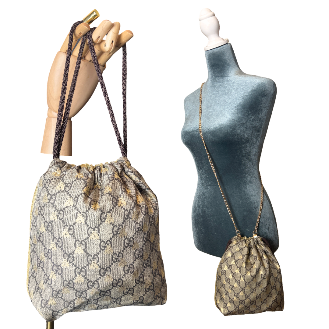 Gucci GG Logo Bees Vintage Silk Scarf Drawstring Crossbody Bag