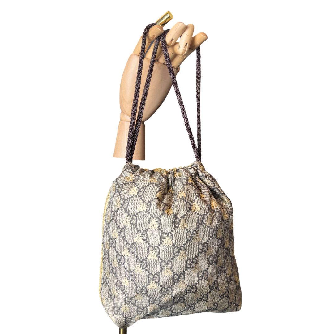 Gucci GG Logo Bees Vintage Silk Scarf Drawstring Crossbody Bag