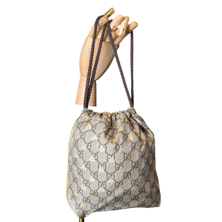 Gucci GG Logo Bees Vintage Silk Scarf Drawstring Crossbody Bag