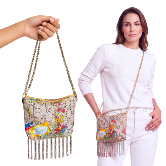 GG Floral Lattice Vintage Silk Scarf Crossbody Bag with Fringe