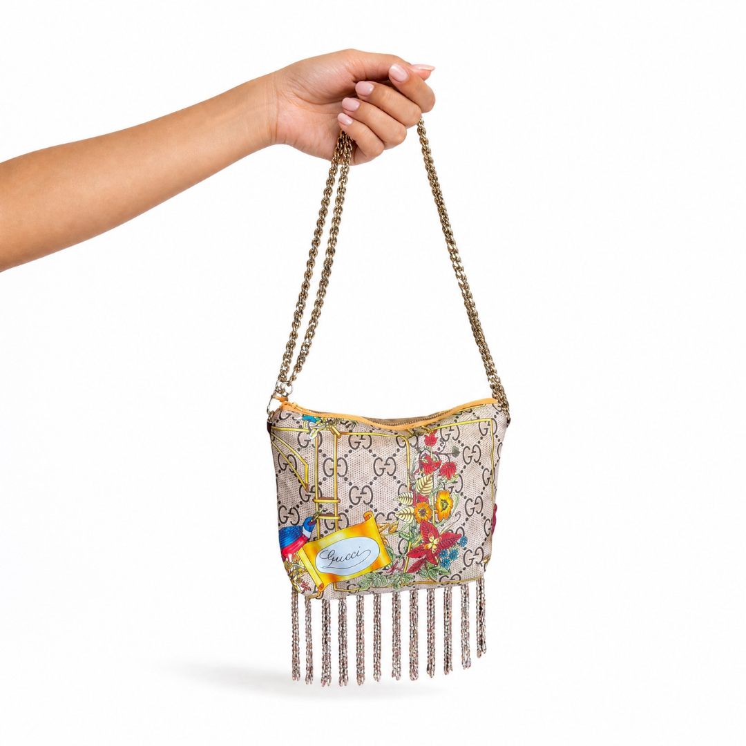 GG Floral Lattice Vintage Silk Scarf Crossbody Bag with Fringe