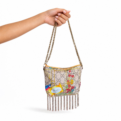 GG Floral Lattice Vintage Silk Scarf Crossbody Bag with Fringe