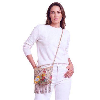 GG Floral Lattice Vintage Silk Scarf Crossbody Bag with Fringe