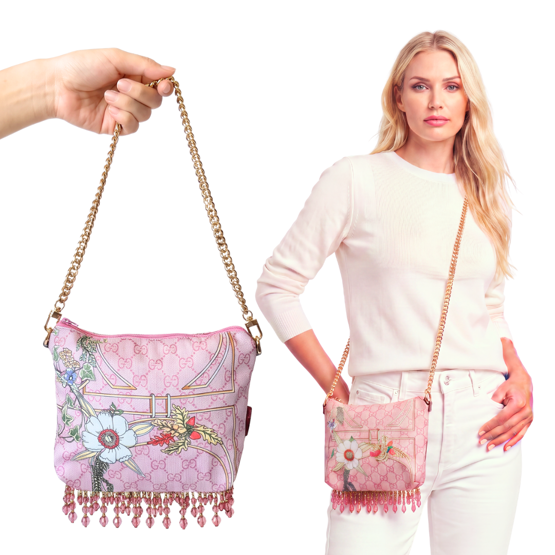 GG Floral Lattice Pink Vintage Silk Scarf Crossbody Bag with Fringe