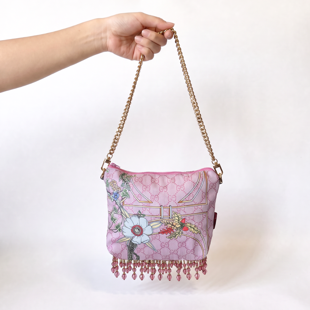 GG Floral Lattice Pink Vintage Silk Scarf Crossbody Bag with Fringe