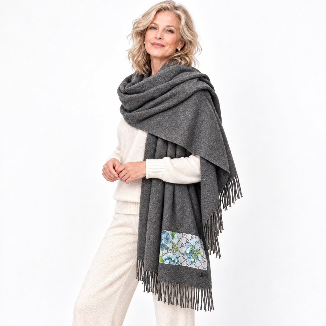 GG Blooms Blue Vintage Silk Scarf & Cashmere Shawl