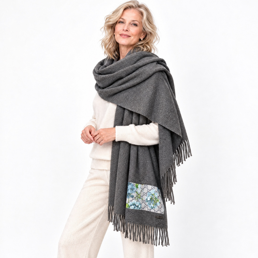 GG Blooms Blue Vintage Silk Scarf & Cashmere Shawl
