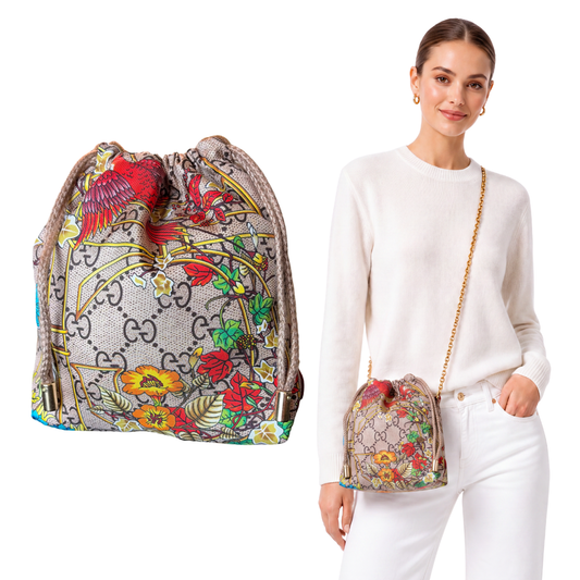 GG Floral Lattice Vintage Scarf Drawstring Crossbody Bag