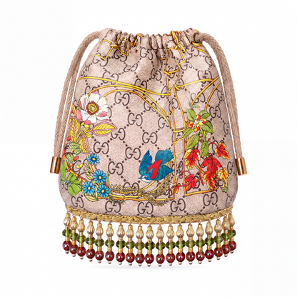 GG Floral Lattice Vintage Scarf Drawstring Crossbody Bag with Fringe