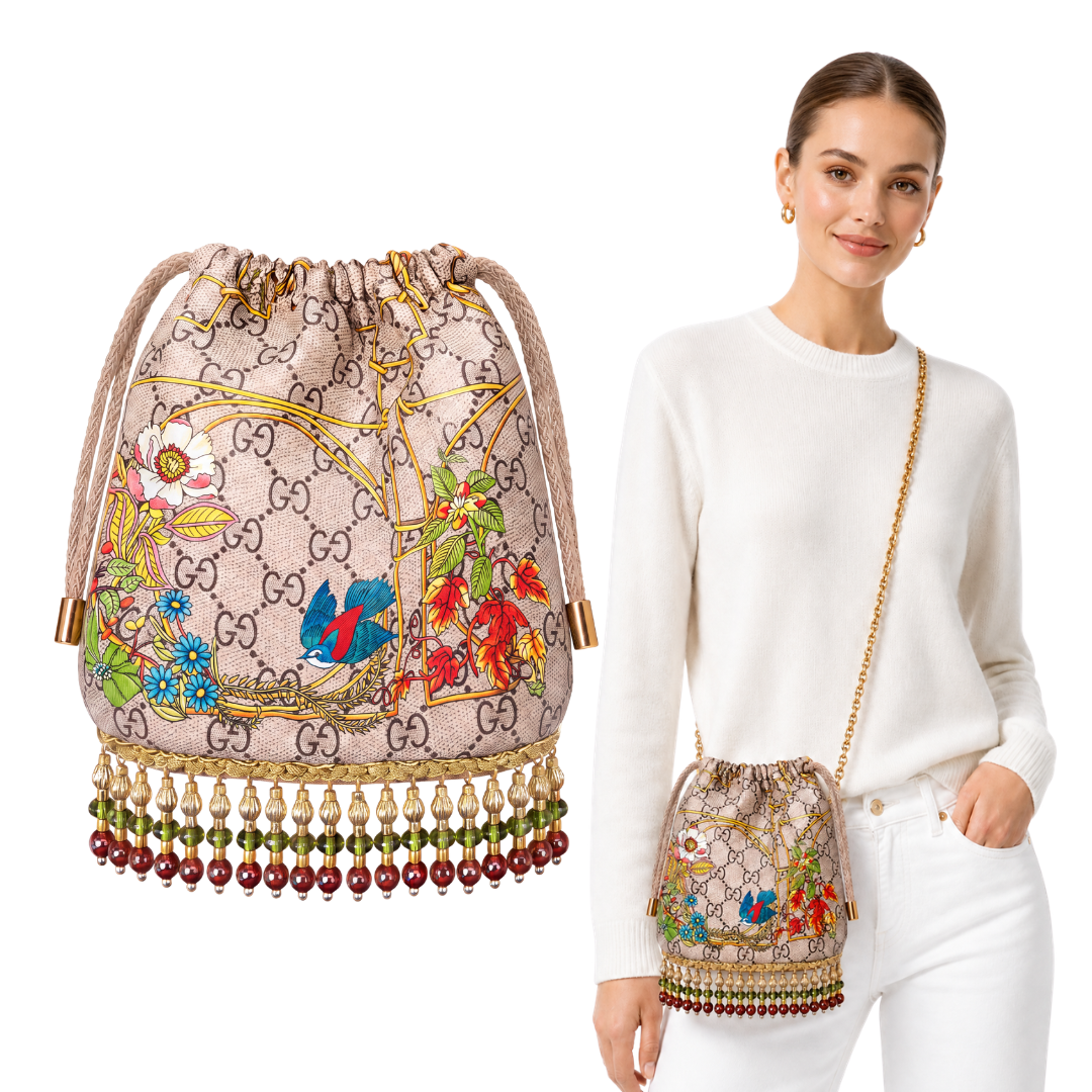 GG Floral Lattice Vintage Scarf Drawstring Crossbody Bag with Fringe