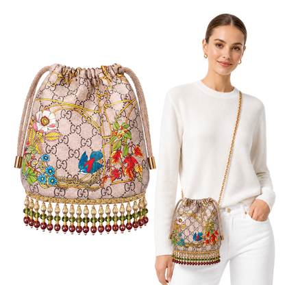 GG Floral Lattice Vintage Scarf Drawstring Crossbody Bag with Fringe