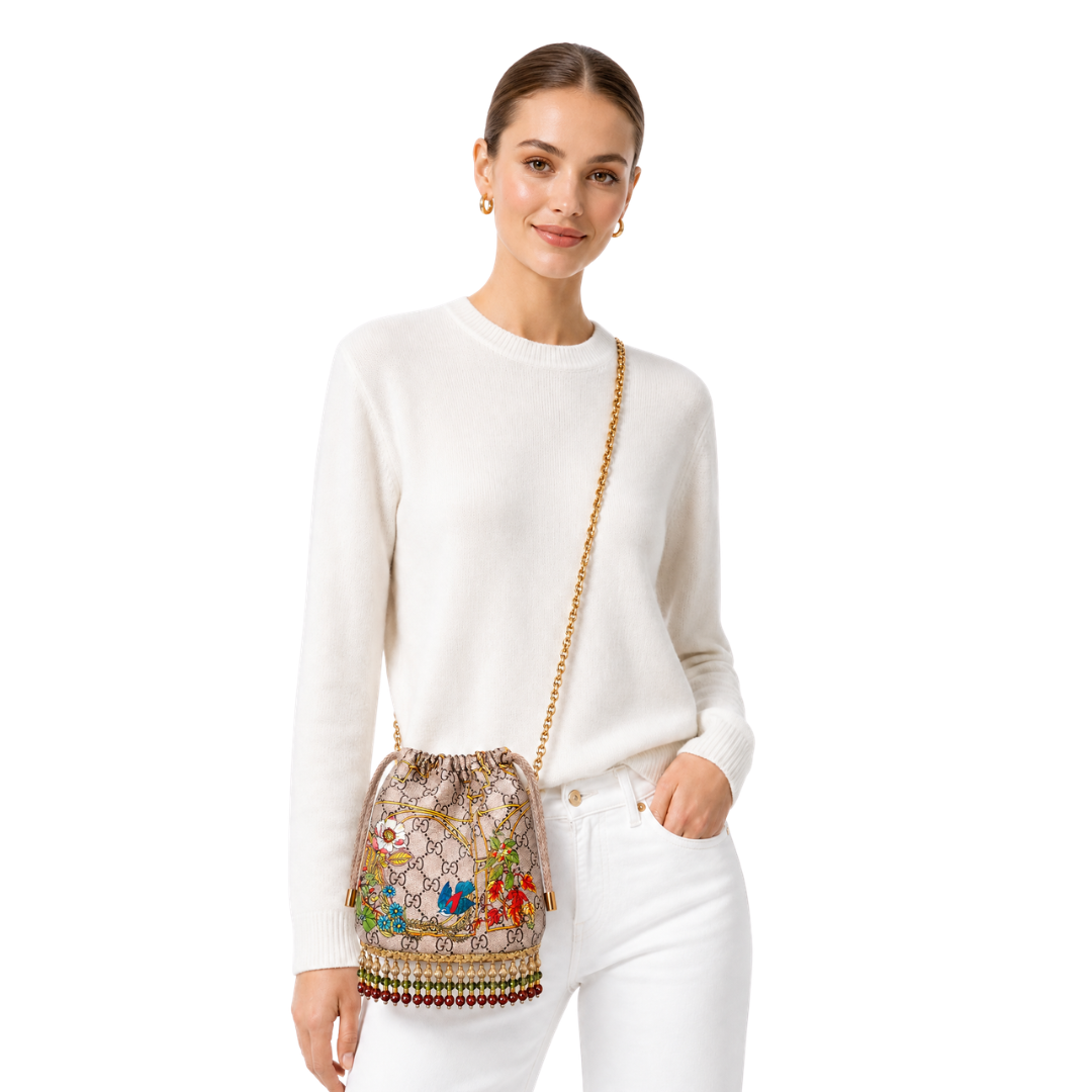 GG Floral Lattice Vintage Scarf Drawstring Crossbody Bag with Fringe