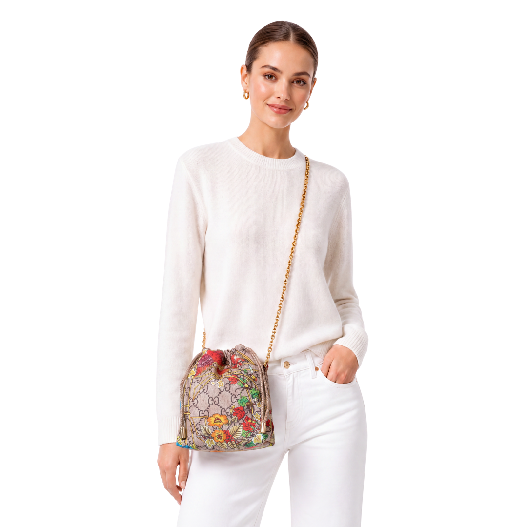 GG Floral Lattice Vintage Scarf Drawstring Crossbody Bag