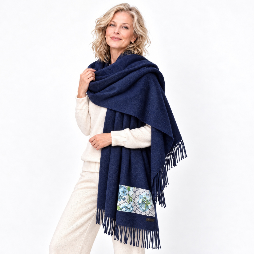 GG Blooms Blue Vintage Silk Scarf & Cashmere Shawl