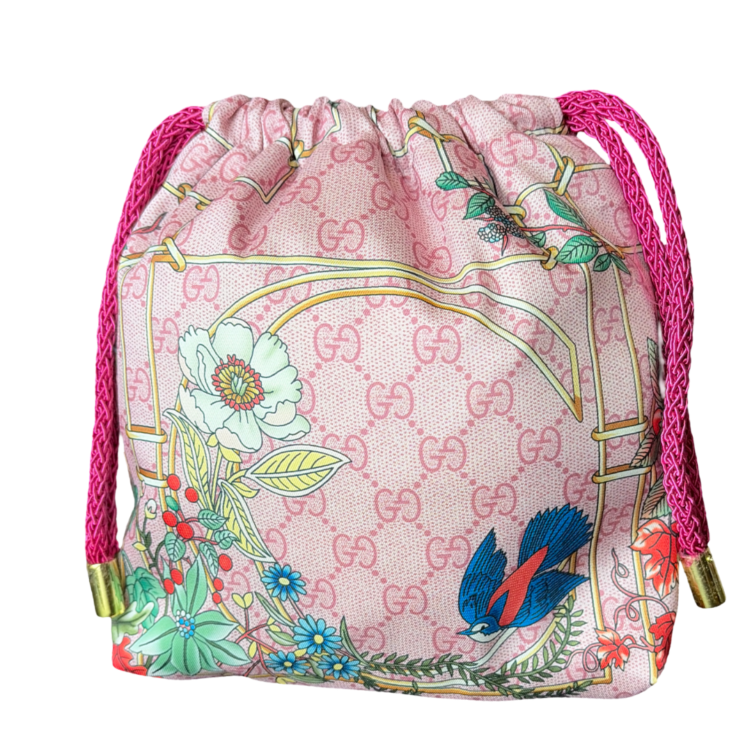 GG Floral Lattice Pink Vintage Scarf Drawstring Crossbody Bag