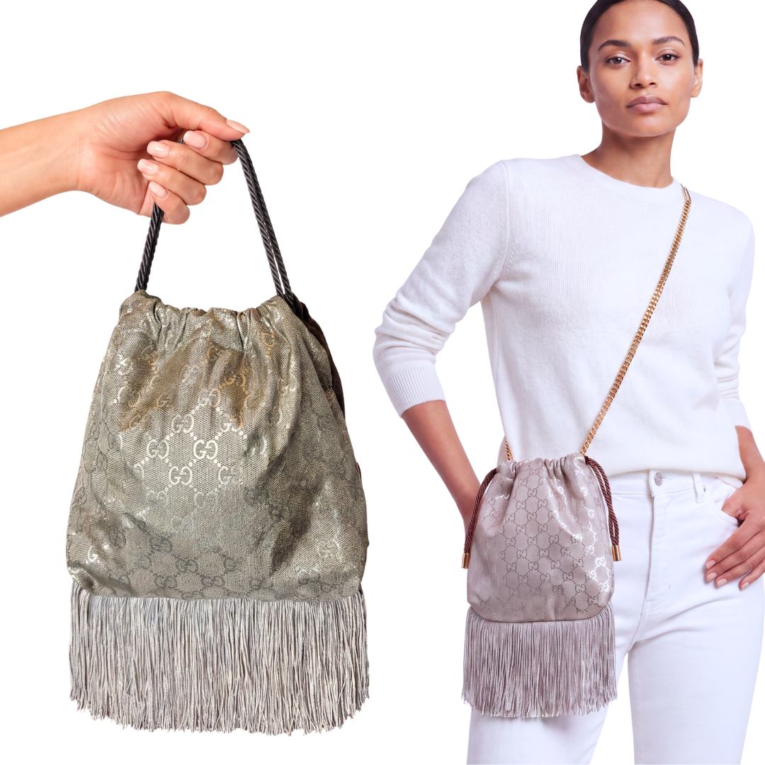 Gucci GG Metallic Logo Scarf | Gucci Crossbody Bag at Vintage Luxe Up