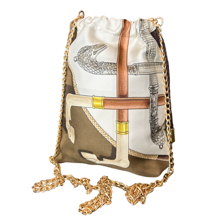 Cannes et Pommeaux Vintage Silk Scarf Drawstring Crossbody Bag