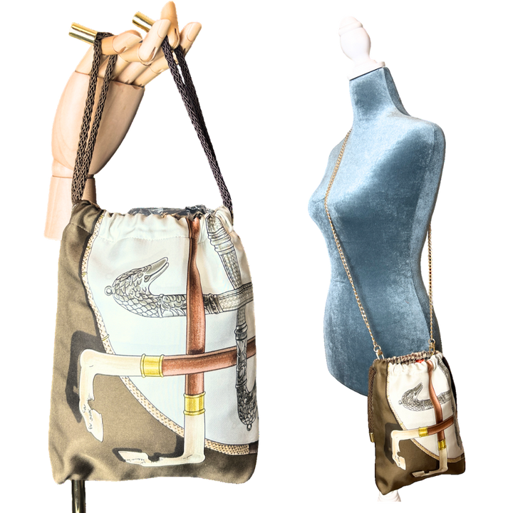 Cannes et Pommeaux Vintage Silk Scarf Drawstring Crossbody Bag