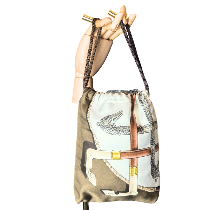 Cannes et Pommeaux Vintage Silk Scarf Drawstring Crossbody Bag