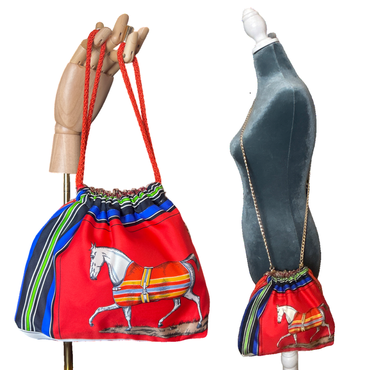 Couvertures et Tenues du Jour Red Vintage Silk Scarf Drawstring Crossbody Bag