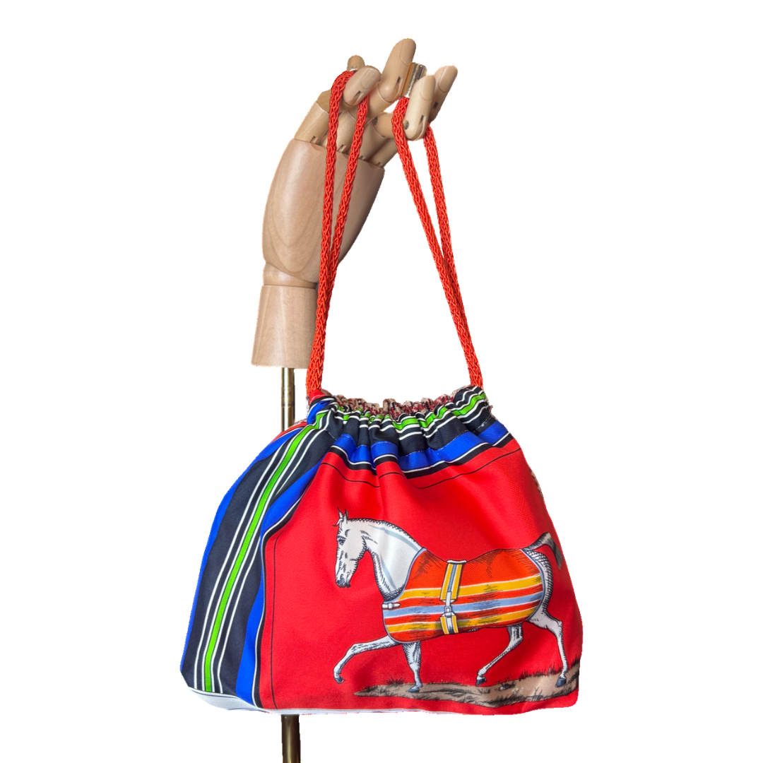 Couvertures et Tenues du Jour Red Vintage Silk Scarf Drawstring Crossbody Bag