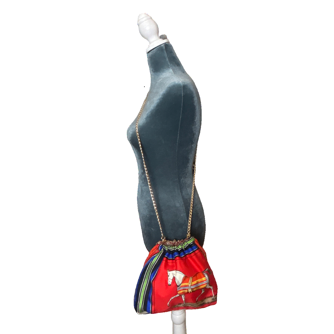 Couvertures et Tenues du Jour Red Vintage Silk Scarf Drawstring Crossbody Bag