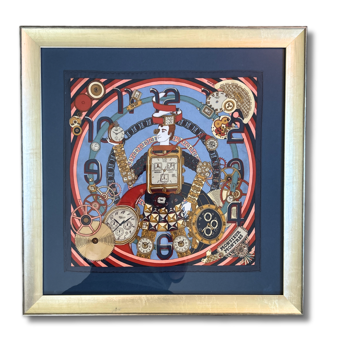 HERMES Monsieur Montres Scarf | Framed Hermes Scarf exclusively at Vintage Luxe Up