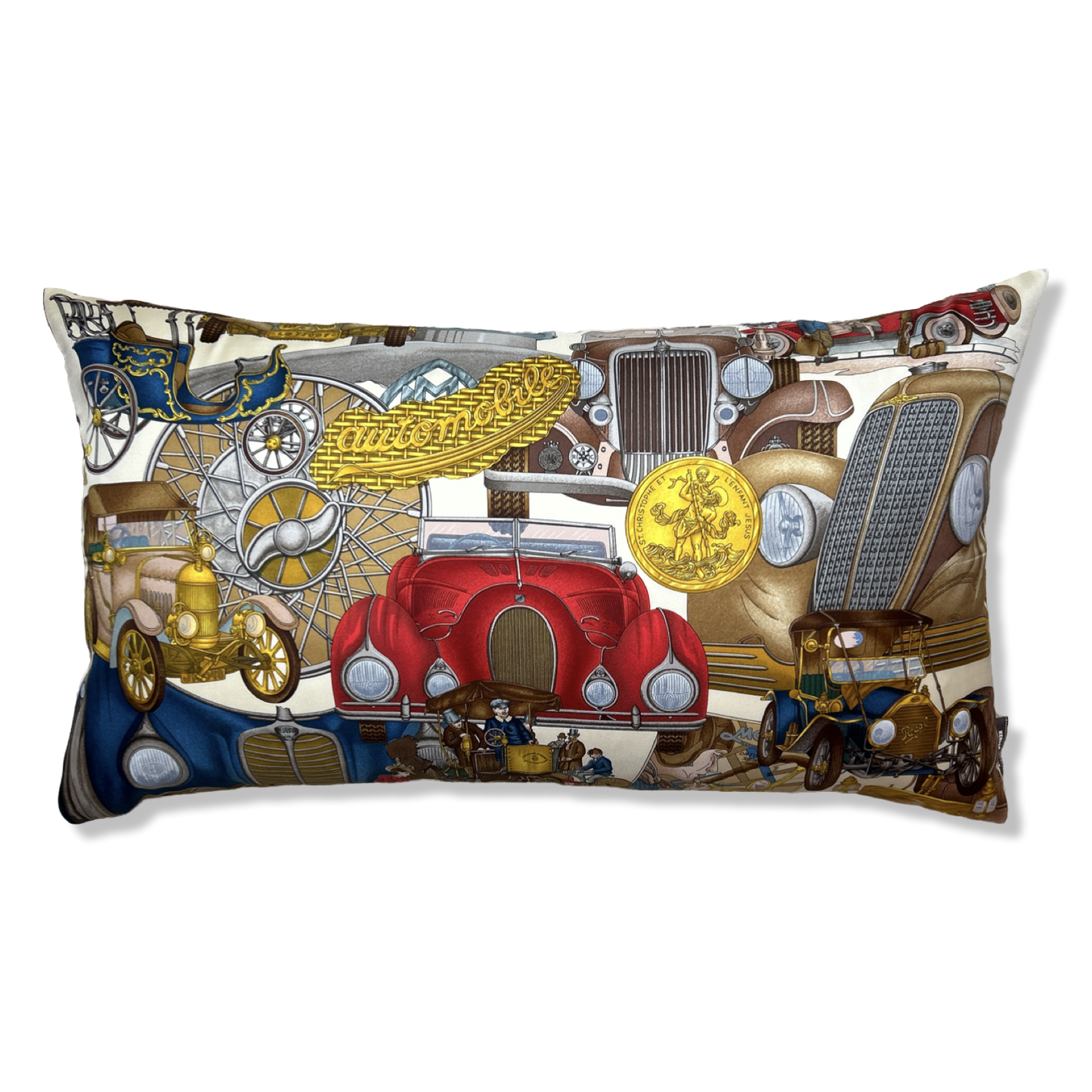 Vintage Hermes Pillow Automobile Vintage Silk Scarf Lumbar Pillow 30" at Vintage Luxe Up