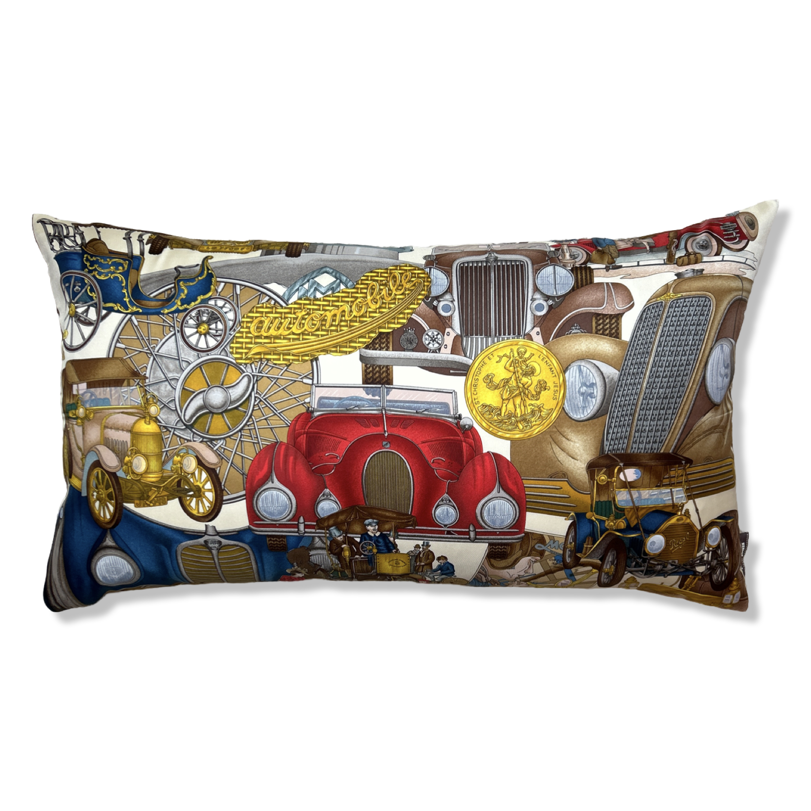 Vintage Hermes Pillow Automobile Vintage Silk Scarf Lumbar Pillow 30" at Vintage Luxe Up
