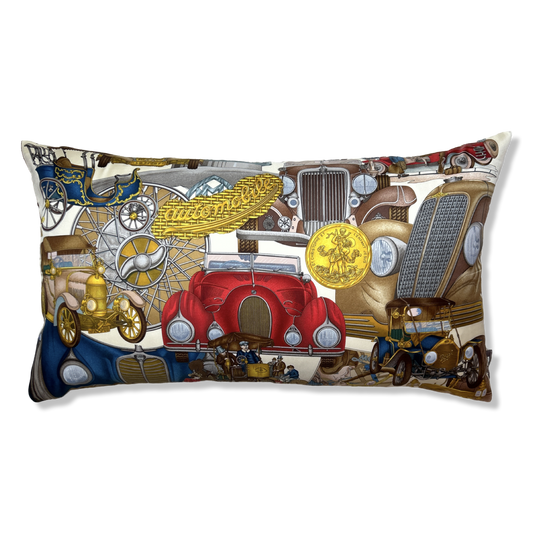 Vintage Hermes Pillow Automobile Vintage Silk Scarf Lumbar Pillow 30" at Vintage Luxe Up
