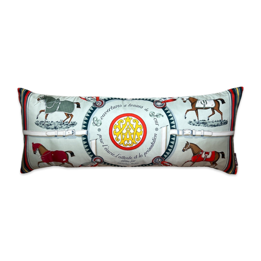 Vintage Hermes Pillow Couvertures et Tenues du Jour Multicolor Celadon Vintage Silk Scarf Lumbar Pillow 35" at Vintage Luxe Up