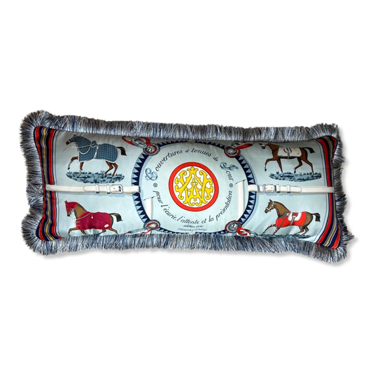 Vintage Hermes Pillow Couvertures et Tenues du Jour Multicolor Blue Vintage Silk Scarf Lumbar Pillow 35” at Vintage Luxe Up