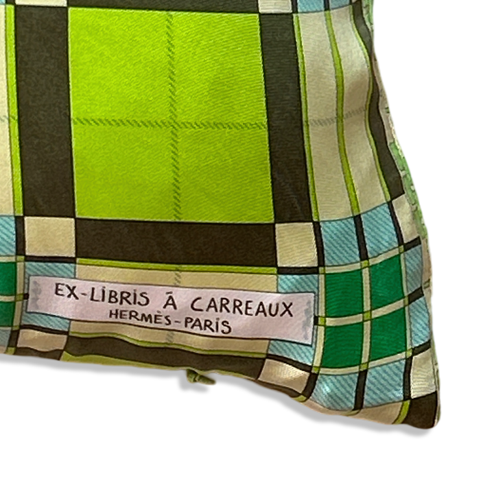 Ex Libris a Carreaux Vintage Silk Scarf Lumbar Pillow 35"