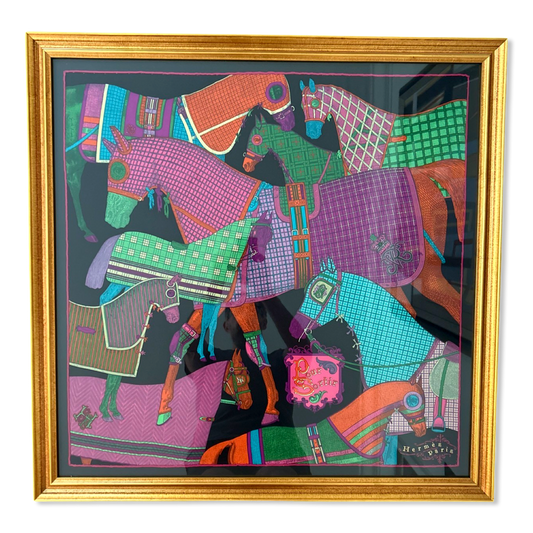 Framed Hermes Scarf Pour Sortir Framed Vintage Silk Scarf 32" Vintage Hermes at Vintage Luxe Up