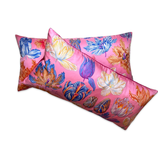 Vintage Hermes Pillow Tulipomanie Pink Vintage Silk Scarf Lumbar Pillows 35" at Vintage Luxe Up