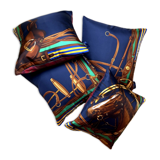 Vintage Ralph Lauren Pillow Equestrian Vintage Silk Scarf Pillows 17" at Vintage Luxe Up